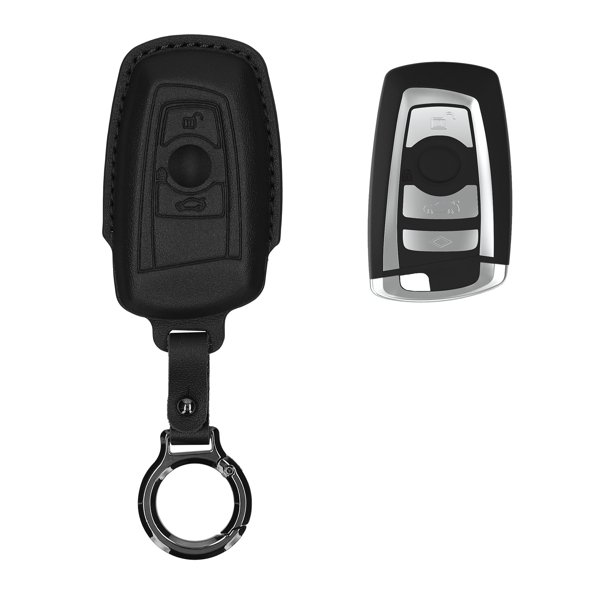 Obal na klíč od auta pro BMW klíč s dálkovým ovládáním a 3 tlačítky (pouze Keyless Go) kwmobile s kroužkem z pravé kůže - černá