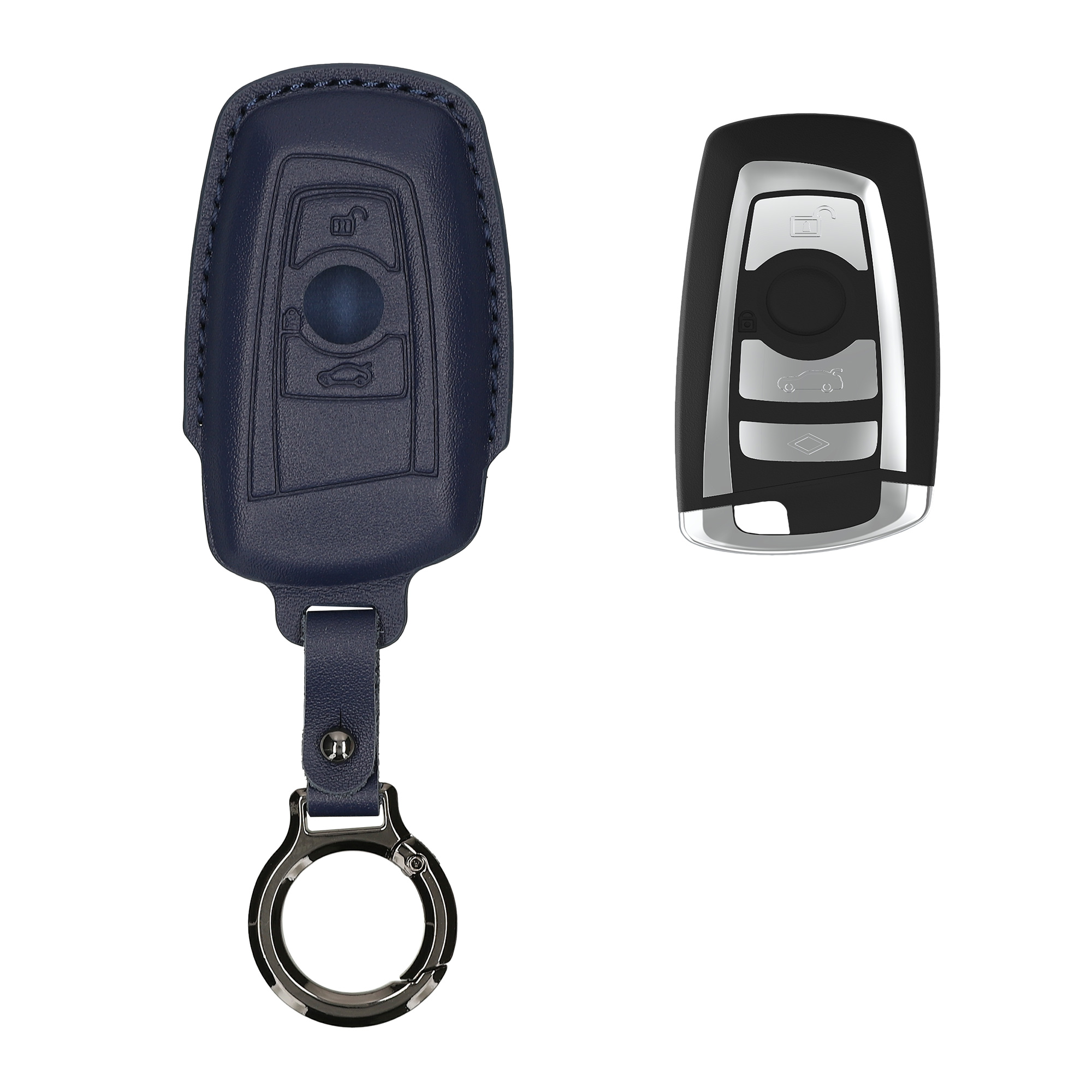 Obal na klíč od auta pro BMW klíč s dálkovým ovládáním a 3 tlačítky (pouze Keyless Go) kwmobile s kroužkem z pravé kůže - tmavě modrá