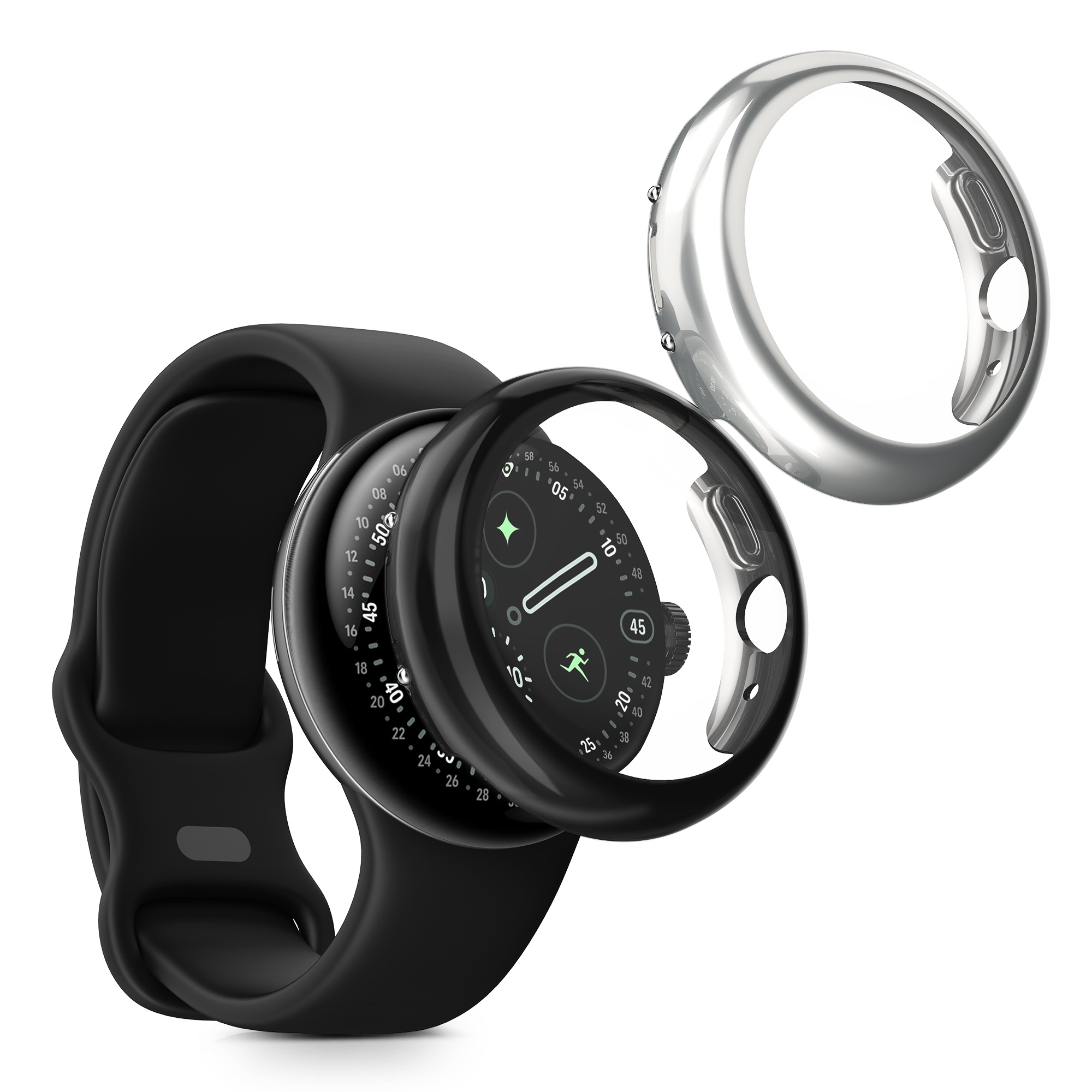 2x obal s ochranným sklem pro Google Pixel Watch 4 45mm kwmobile silikonové - černá / stříbrná