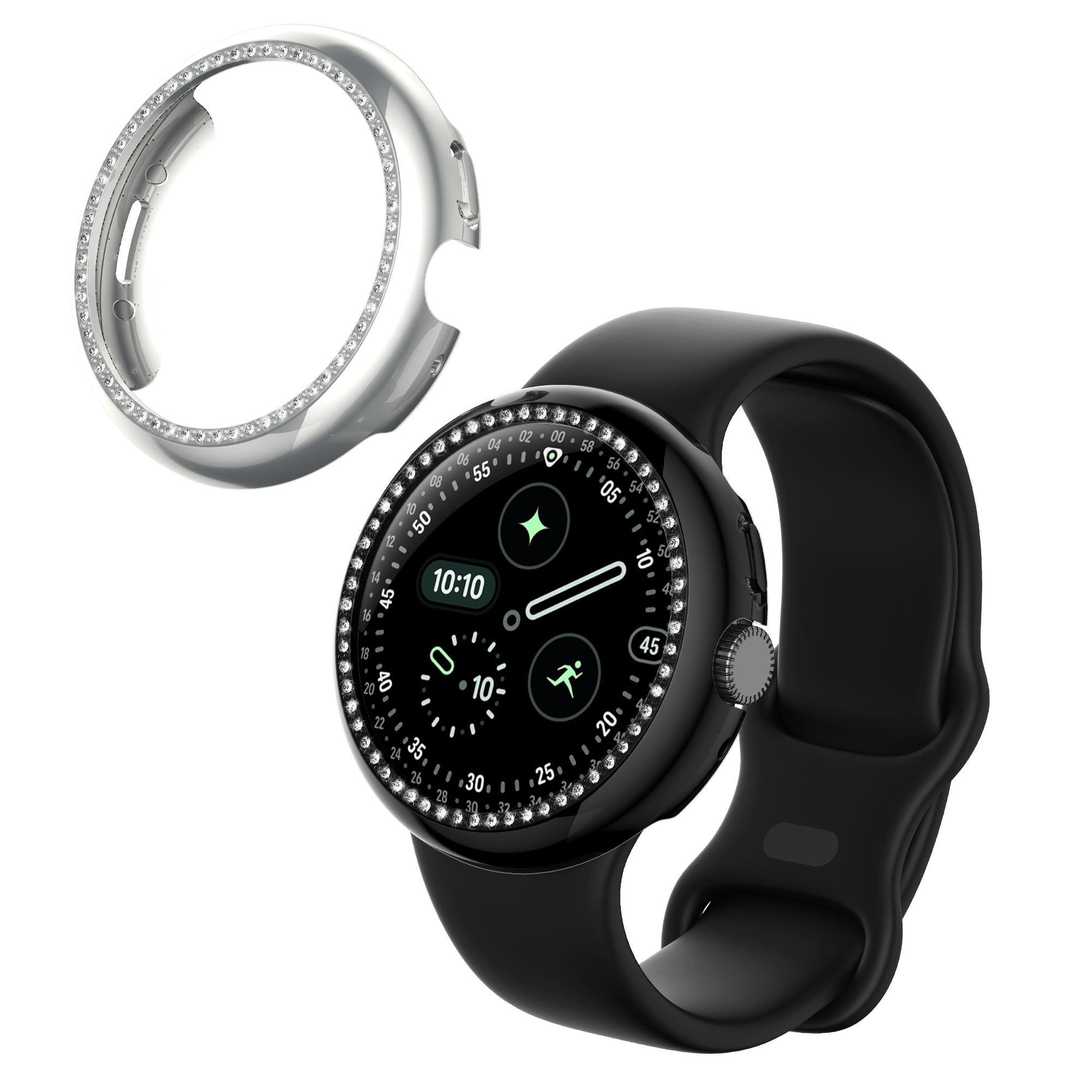 Ochranné rámečky s třpytkami pro Google Pixel Watch 4 41mm kwmobile sada 2 ks - černá / stříbrná