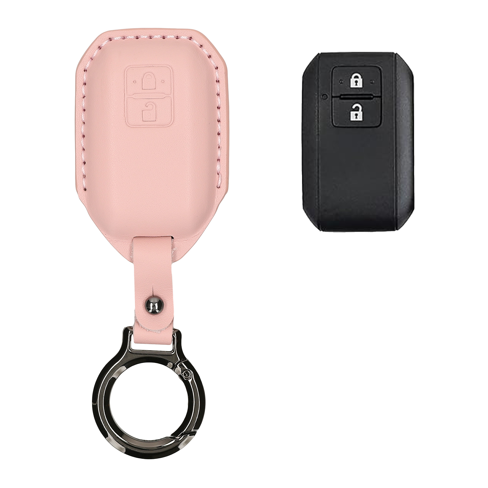 Obal na klíč od auta pro Suzuki klíč se 2 tlačítky a funkcí Keyless Go kwmobile s kroužkem z pravé kůže - starorůžová
