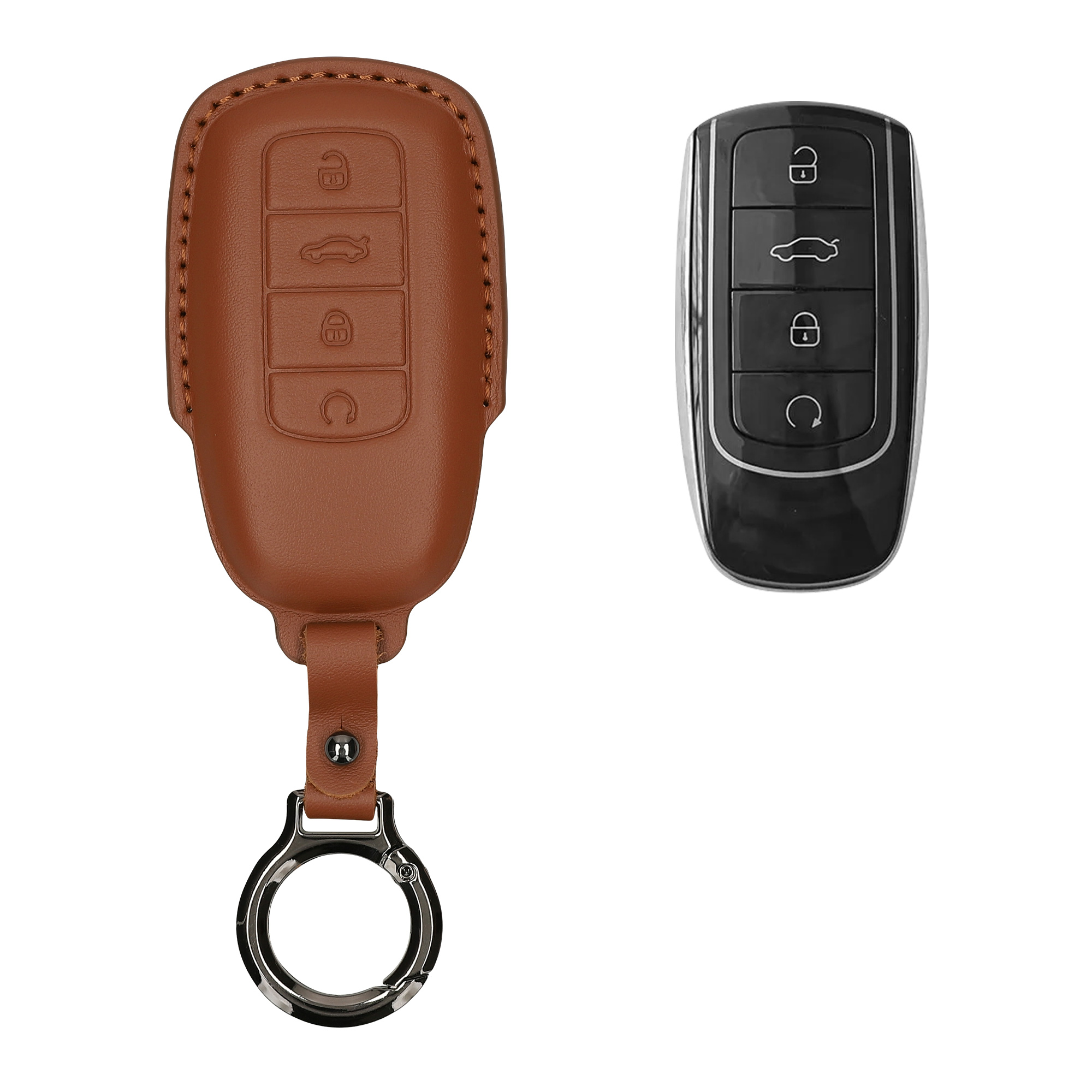Obal na klíč od auta pro Chery Omoda C5 / Jaecoo 7 / Tiggo 7 Pro 8 Pro / Arrizo 5 kwmobile s kroužkem z pravé kůže - světle hnědá