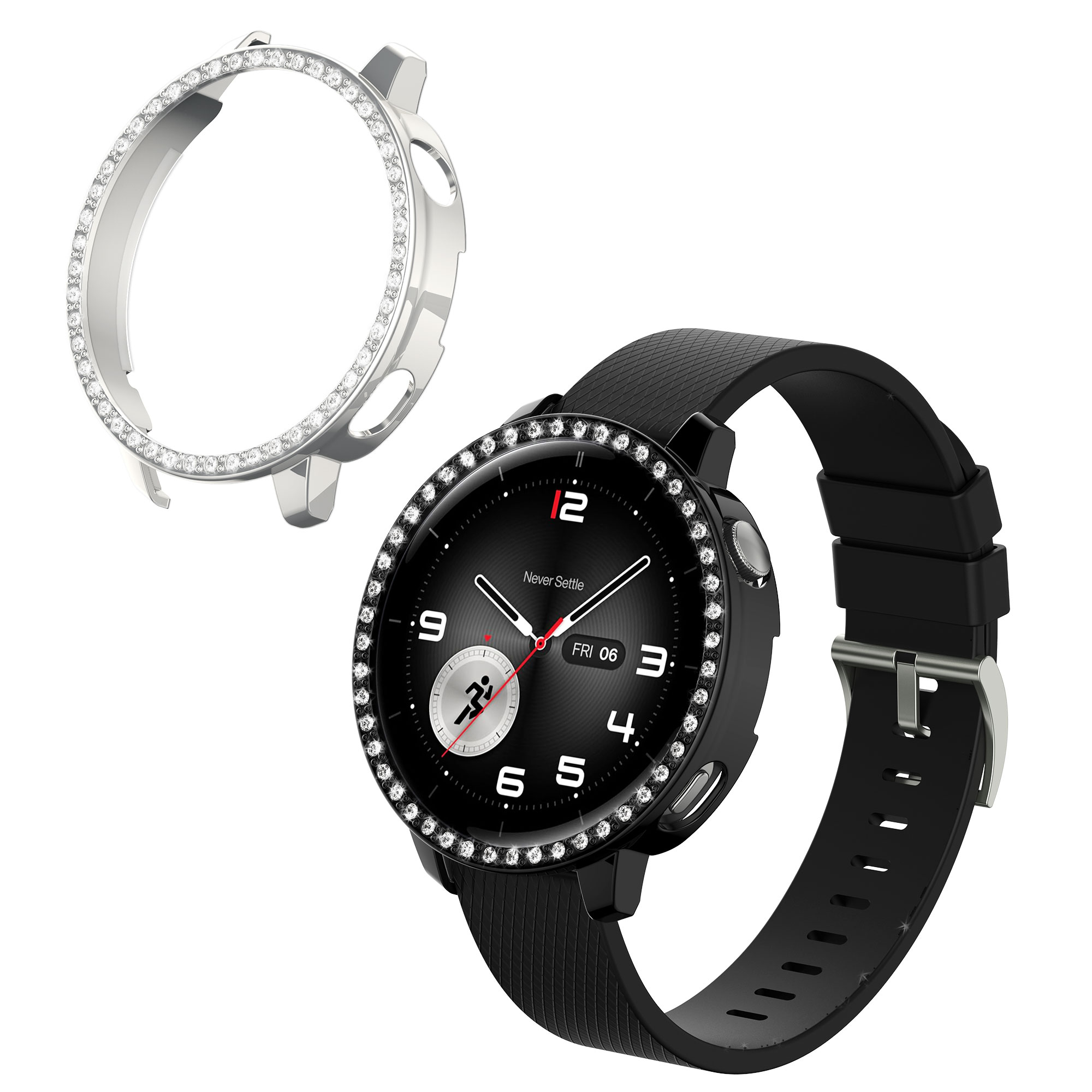Ochranné rámečky s třpytkami pro OnePlus Watch 4 / Watch 3 / OPPO Watch X3 mini / X2 mini kwmobile sada 2 ks - černá / stříbrná