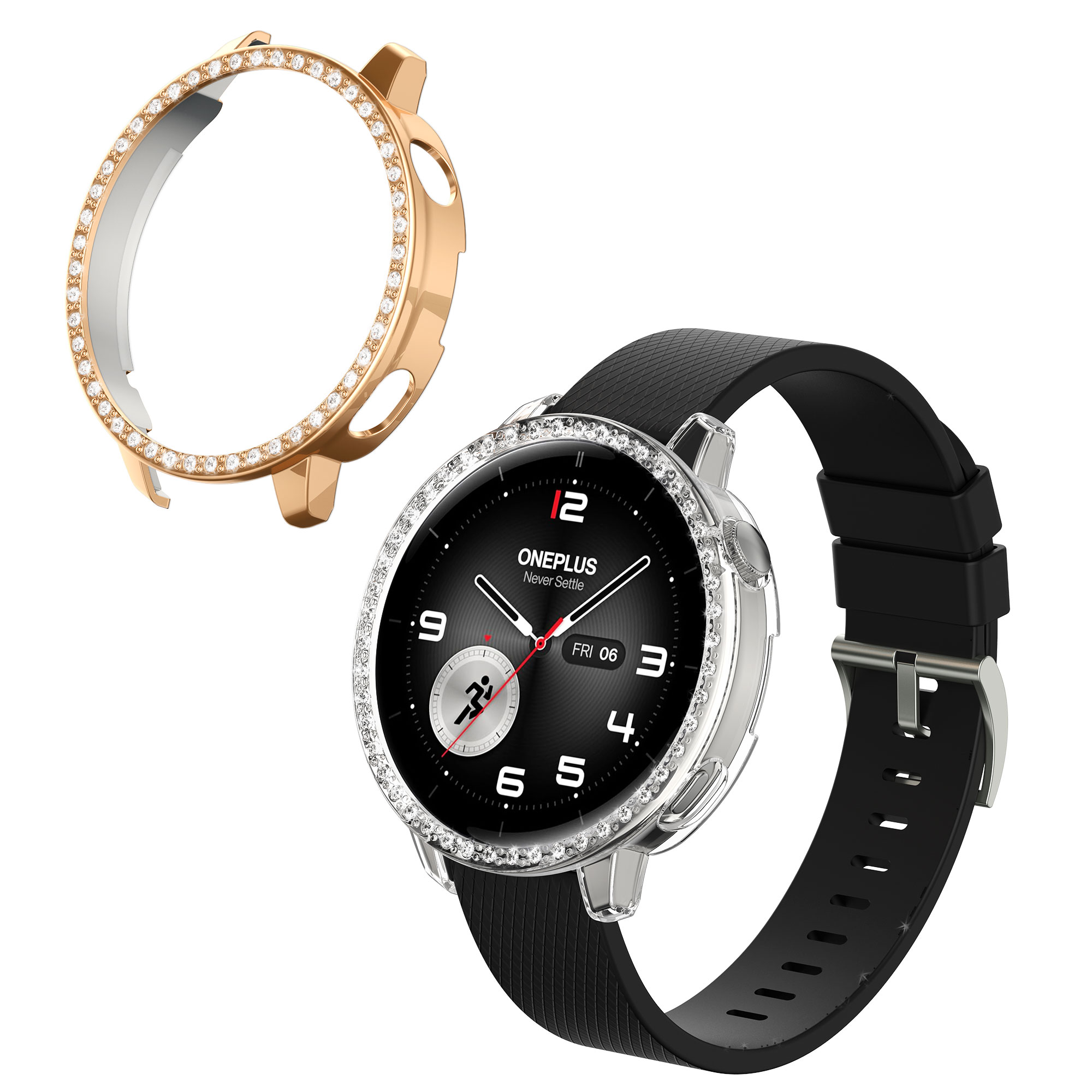 Ochranné rámečky s třpytkami pro OnePlus Watch 4 / Watch 3 / OPPO Watch X3 mini / X2 mini kwmobile sada 2 ks - transparentní / růžové zlato
