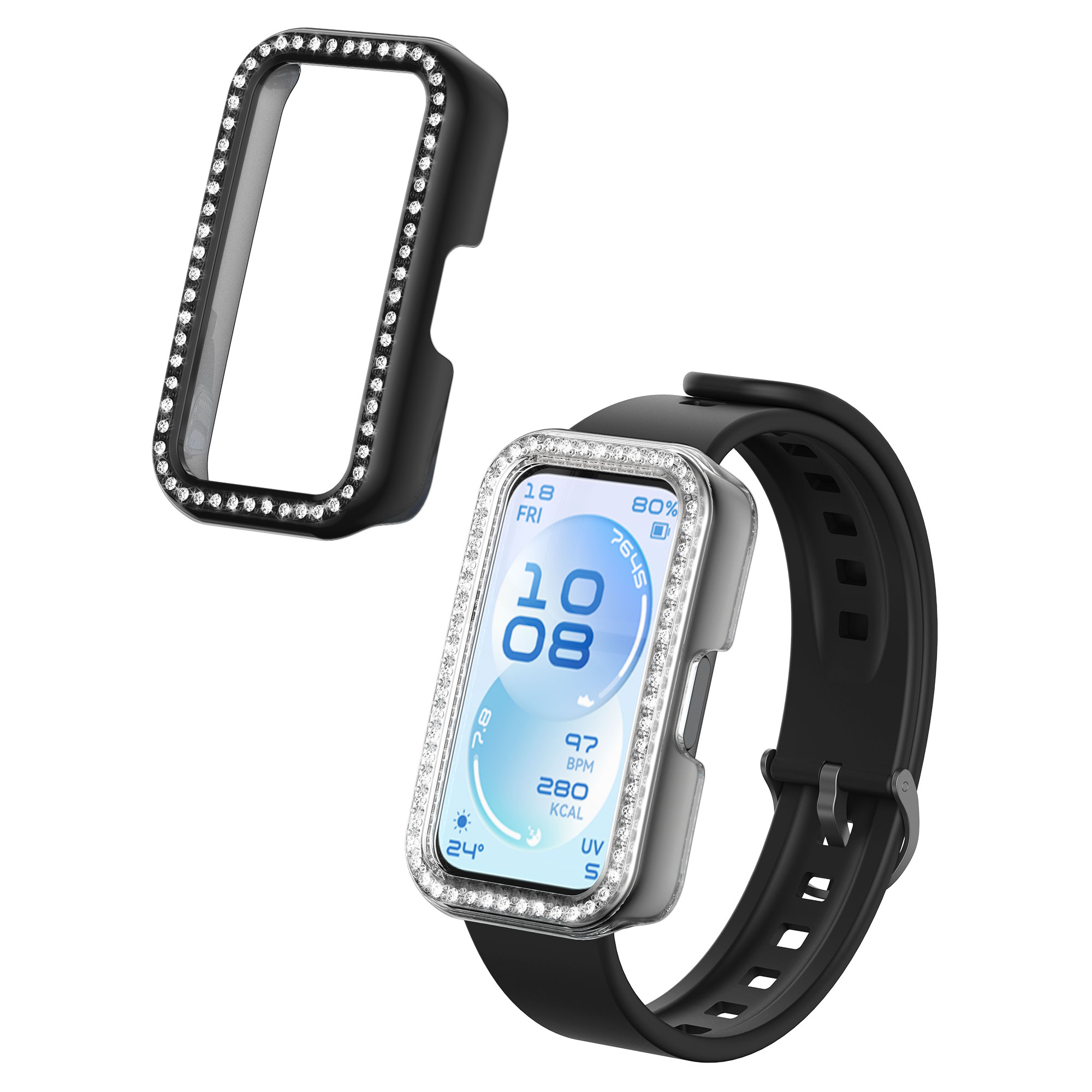 Ochranné rámečky s třpytkami pro Huawei Band 11 kwmobile sada 2 ks - černá / transparentní